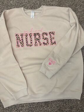 School Nurse Leopard Lettering Sweatshirt - Pink on Light Beige
